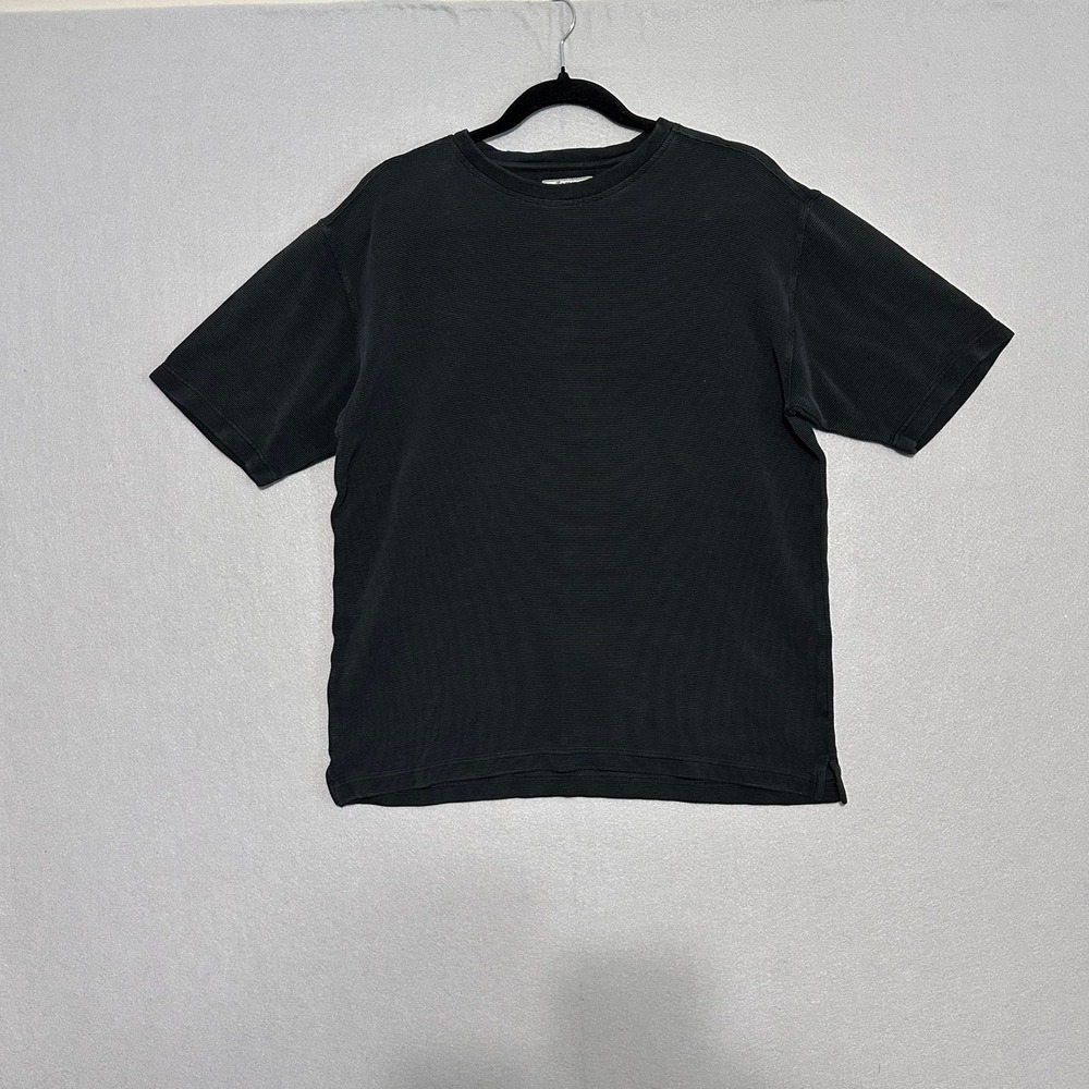 Mens Black Ribbed Texture Short Sleeve Crewneck T-Shirt Boxy Fit Minimalist Tee